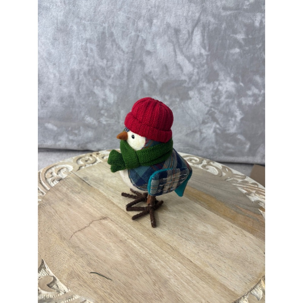 Target Wondershop Fabric Winter Bird Figurine Plaid Scarf Red Knit Hat 6.5in